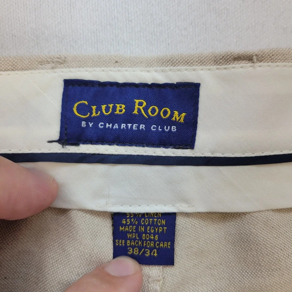 Club Room Pleated Trousers Mens 38x34 Beige Linen Cotton Cuffed Straight